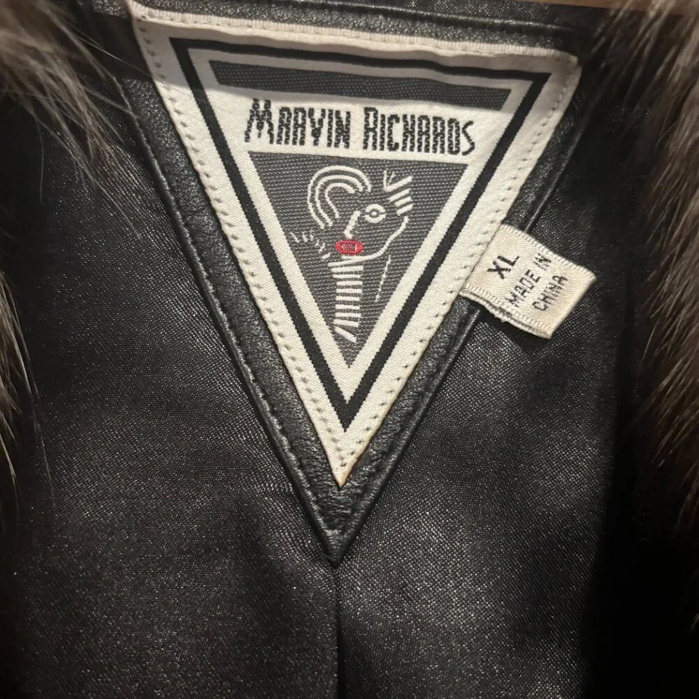 Vintage Marvin Richards Black Coat Fox Fur Collar Leather Jacket XL - Picture 4 of 6